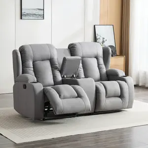 Caesar 2 Seater Grey Technology Fabric Modern Manual Recliner Sofa W Drinks Console