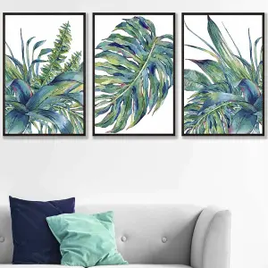 Set of 3 Framed Blue Green Watercolour Tropical Leaves Wall Art Prints / 50x70cm / Black Frame