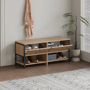 Decortie Modern Inola Shoe Bench Oak Natural Engineered Wood Geometric Laser-Cut Shape 2-Door Cupboard 105(W)cm Metal Legs Hallway