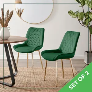 Palermo Velvet Modern Dining Chairs with Tapered Metal Legs & Quilted Diamond Stitching (Set of 2) Green / Gold