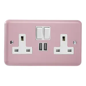 Varilight 2-Gang 13A Single Pole Switched Socket + 2x5V DC 2100mA USB Charging Ports  Rose Pink