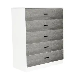 URBNLIVING Height 90.5cm 5 Drawer Wooden Bedroom Chest Cabinet Modern White Carcass and Ash Grey Drawers Wide Storage Cupboard