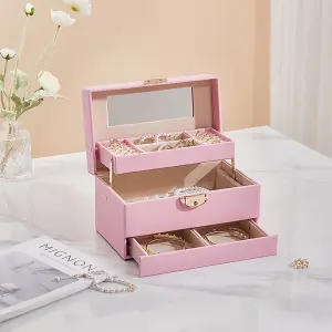 2-Layer Pink PU Leather Jewellery Box with Hidden Drawer and Velvet Lining