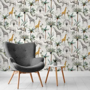 Arthouse Animals Jungle Wallpaper Elephant Palm Tree Green Grey Yellow Serengeti