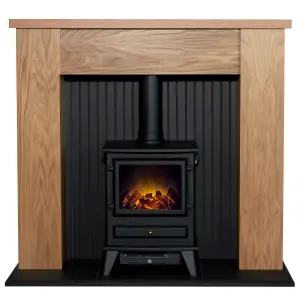 Adam New England Stove Fireplace in Oak & Black with Hudson Electric Stove in Black, 48 Inch