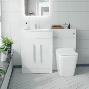 Nes Home White 1100 mm LH L-Shape Basin Vanity Unit WC BTW Rimless Toilet