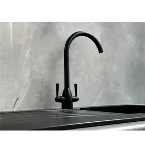 Liquida W05BL Swan Neck Swivel Spout Monobloc Twin Lever Black Kitchen Mixer Tap