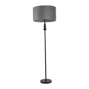 ValueLights Marissa Matt Black Stacked Ball Floor Lamp with Grey Velvet Shade