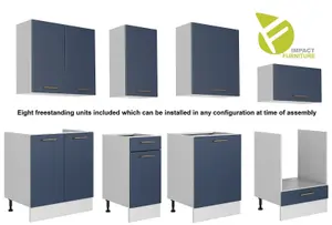 Kitchen Cabinet 8 Unit Set 240cm Navy Blue / Grey Base Wall Copper Handle Nora