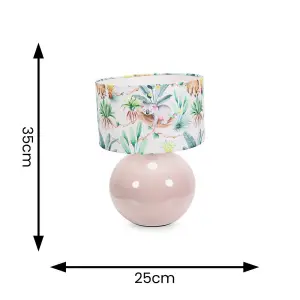 ValueLights Bosco Stone Natural Ceramic Table Lamp with Tropical Print Drum Shade - LED Bulb Included