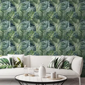 Grandeco Antigua Palm Teal & Green Palm Leaf Wallpaper