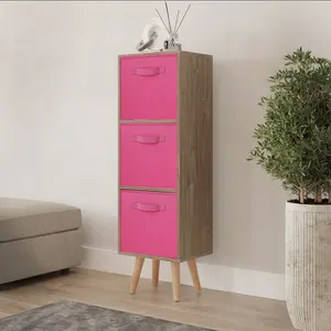 URBNLIVING 100cm Height Oak 3-Tier 3-Drawer Dark Pink Cube Shelving Unit with Scandinavian Beech Legs