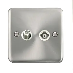 Our Curved Edge Satin / Brushed Chrome Satellite And Isolated Coaxial 1 Gang Socket - White Trim - SE Home