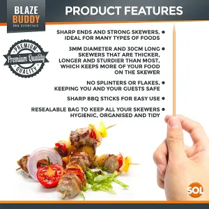 Blaze Buddy 100pk Bamboo Skewers 30cm - Wooden BBQ Skewers - Ideal as Kebab Skewers and Barbecue Skewers - Kebab Sticks