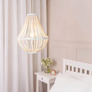 ValueLights Elodie Easy Fit Shabby Chic Natural Beaded Hanging Chandelier Ceiling Light Shade - Bulb Included