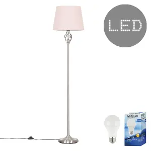 ValueLights Memphis Traditional Style Satin Nickel Barley Twist Floor Lamp with Pink Tapered Light Shade - with LED GLS Bulb