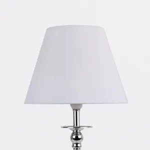 First Choice Lighting Chrome Plated Bedside Table Light with Ball Detail Column White Fabric Shade