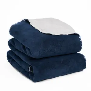 Brentfords Sherpa Throw Over Flannel Fleece Fluffy Blanket Mink - Navy