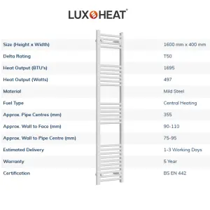 Towel Radiator Rail 1600 x 400 for Central Heating with White Finish