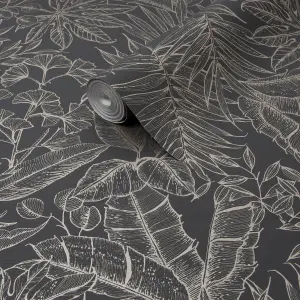 Boutique Paradise Black Leaves Smooth Wallpaper