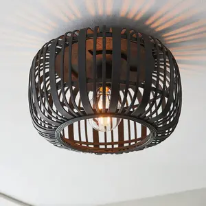 Luminosa Mathias Decorative Flush Ceiling Lamp, Dark Bamboo, Plywood With Matt Black Paint