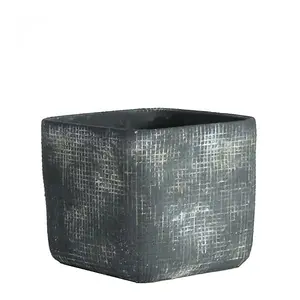 Dark Grey Rustic Ceramic Square Plant Pot. Grid Design. No Drainage Holes. H13 x W14 cm