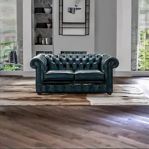 Chesterfield 2 Seater Antique Blue Real Leather Sofa Settee Bespoke In Classic Style