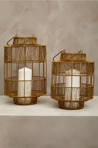 Interiors by Premier Gold Wire Lantern, Modern Decorative Candle Holder, Open Structure Design for Light, Elegant Home Décor Piece