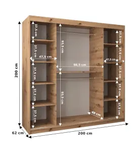 Tokyo Contemporary 2 Sliding Door Wardrobe 9 Shelves 2 Rails Oak Sonoma Effect (H)2000mm (W)2000mm (D)620mm