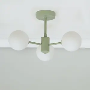 ValueLights Marlow Sage Green 3 Way Ceiling Light with White Frosted Glass Globe Lampshades