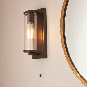 Dark Bronze Bathroom Wall Light & Ribbed Cylinder Glass Shade IP44 Rated Fitting