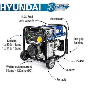 Hyundai 3.2kW / 4kVa Petrol Welder Generator, 120 Amp DC Welder HYW130DC