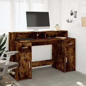 Berkfield Desk with LED Lights Smoked Oak 140x55x91 cm Engineered Wood