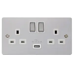 Flat Plate Polished Chrome 2 Gang 13A DP Ingot 1 USB Twin Double Switched Plug Socket - White Trim - SE Home