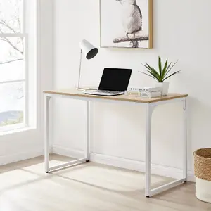 Furniturebox UK Kendrick Oak Effect Desk 120cm for Home Working Study Gaming Office Desk. Elegant White Leg Melamine Desk