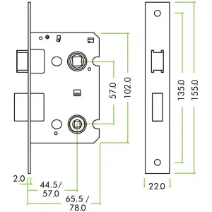 AFIT Bathroom Lock 65mm / 44mm Backset BRASS Radius End for Wooden Bathrooms Accepts 5mm Square Spindle CE UKCA & Fire Door App