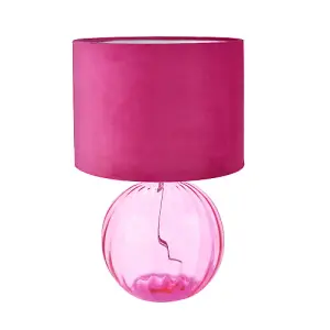 Contemporary Light Pink Ribbed Glass Table Lamp with Soft Velvet Fabric Shade