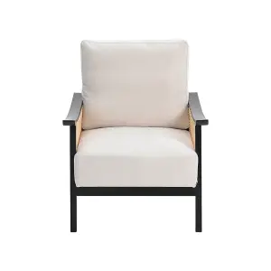 Beige Modern Accent Armchair with Wood Frame Upholstered Rattan Arms Chair for Living Room Bedroom