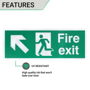 EAI - Fire Exit Sign Arrow Man Up LEFT 400x150mm Self Adh Semi Rigid PVC