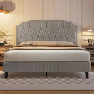 Upholstered Bed Frame with with Button-Tufted Headboard Beige / Double