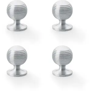 4 PACK - Reeded Ball Door Knob - 32mm Diameter Satin Chrome Lined Cupboard Pull Handle