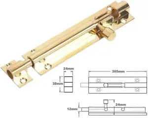 Barrel Bolt Straight 300mm x 38mm (12 x 1. 1/2 Inch) Brass - Pack of 1