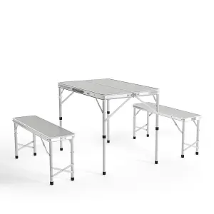 3Pcs Silver Aluminum Portable Folding Garden Camping Table and Benches Set 90 cm