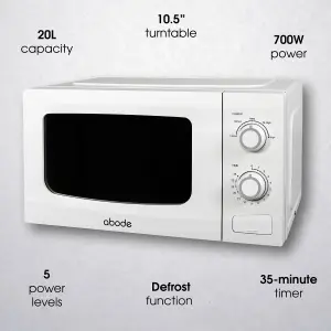 Abode Manual Microwave 700W 20L 5 Power Levels & Defrost White AMM2001-M