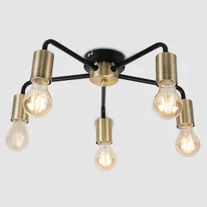 ValueLights Connell Industrial Style Antique Brass and Matt Black 5 Way Ceiling Light Fitting