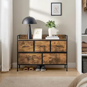 SONGMICS Chest of Drawers for Bedroom, 5 Fabric Drawers with Handles, Storage Organiser Unit, Rustic Brown and Ink Black