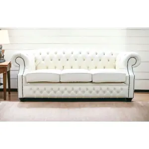 Chesterfield 3 Seater Sofa Shelly Cottonseed Cream Leather In Buckingham Style