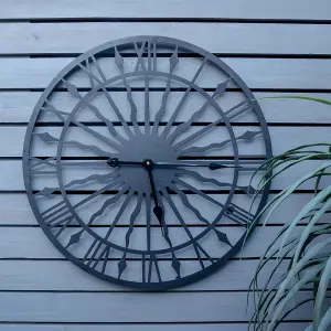 Black Open Face 24" Sun Design Indoor or Outdoor Clock - Battery Powered Weather Resistant Metal Wall Fence Clock - 60cm Diameter