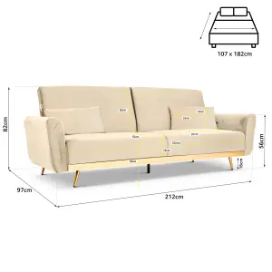 Libbie 3 Seater Click Clack Cream Velvet Sofa Bed with Gold Detail