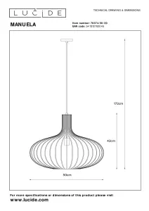 Lucide Manuela Vintage Pendant Light 50cm - 1xE27 - Black